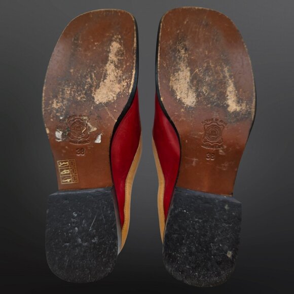 Vintage Simard Red Slip On Loafers Mules Size 38 US 7.5 Leather Square Toe Italy - Picture 10 of 11